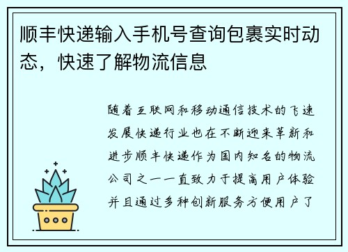 顺丰快递输入手机号查询包裹实时动态，快速了解物流信息